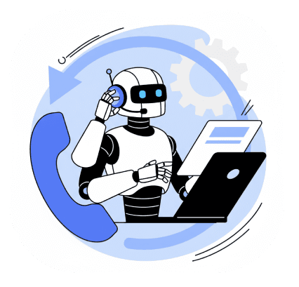 Robot next to a laptop illustrating the Auto-Attendant (IVR) feature.