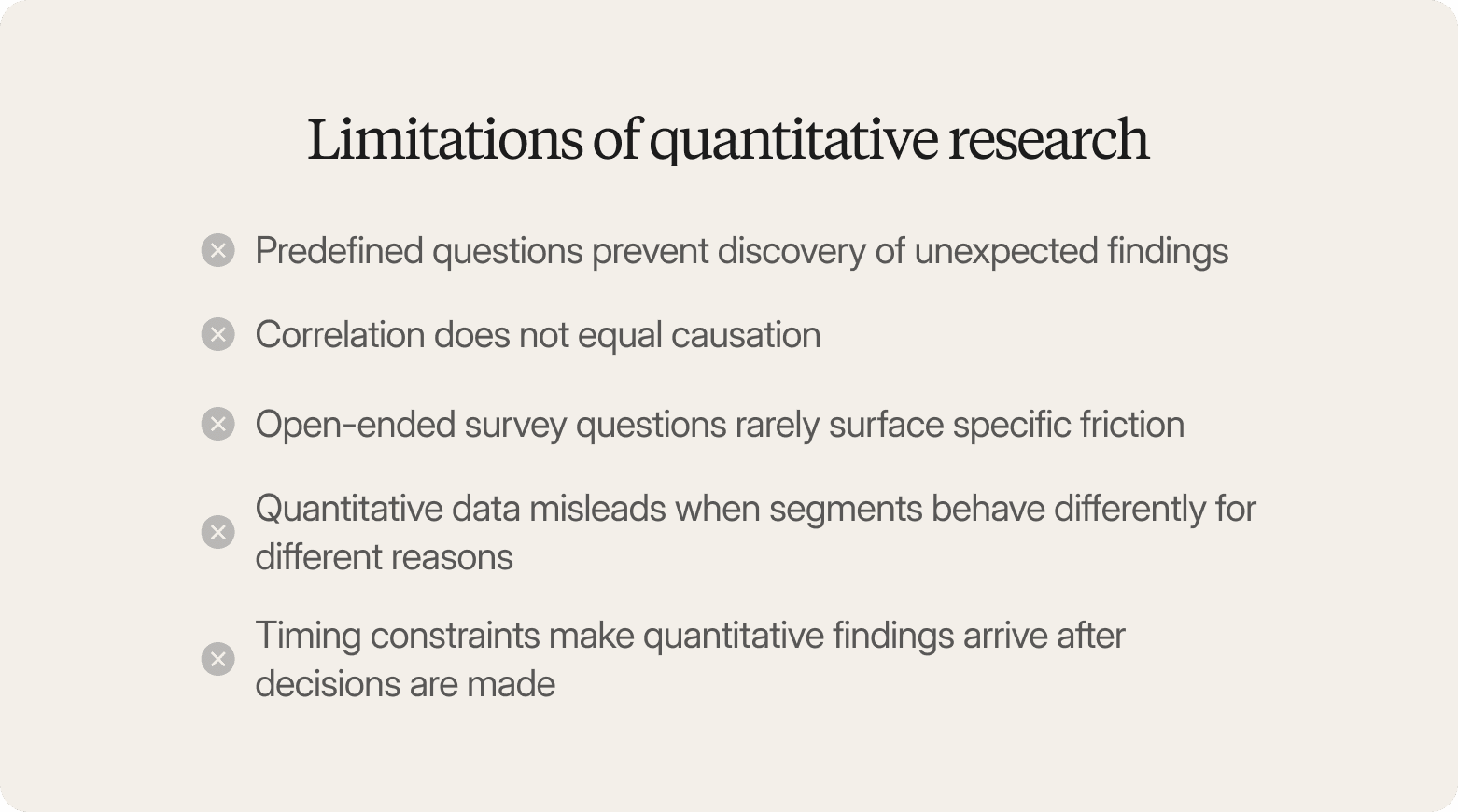 Cream-colored graphic titled "Limitations of quantitative research," listing five items each marked with a gray X icon: predefined questions prevent discovery of unexpected findings, correlation does not equal causation, open-ended survey questions rarely surface specific friction, quantitative data misleads when segments behave differently for different reasons, and timing constraints make quantitative findings arrive after decisions are made.