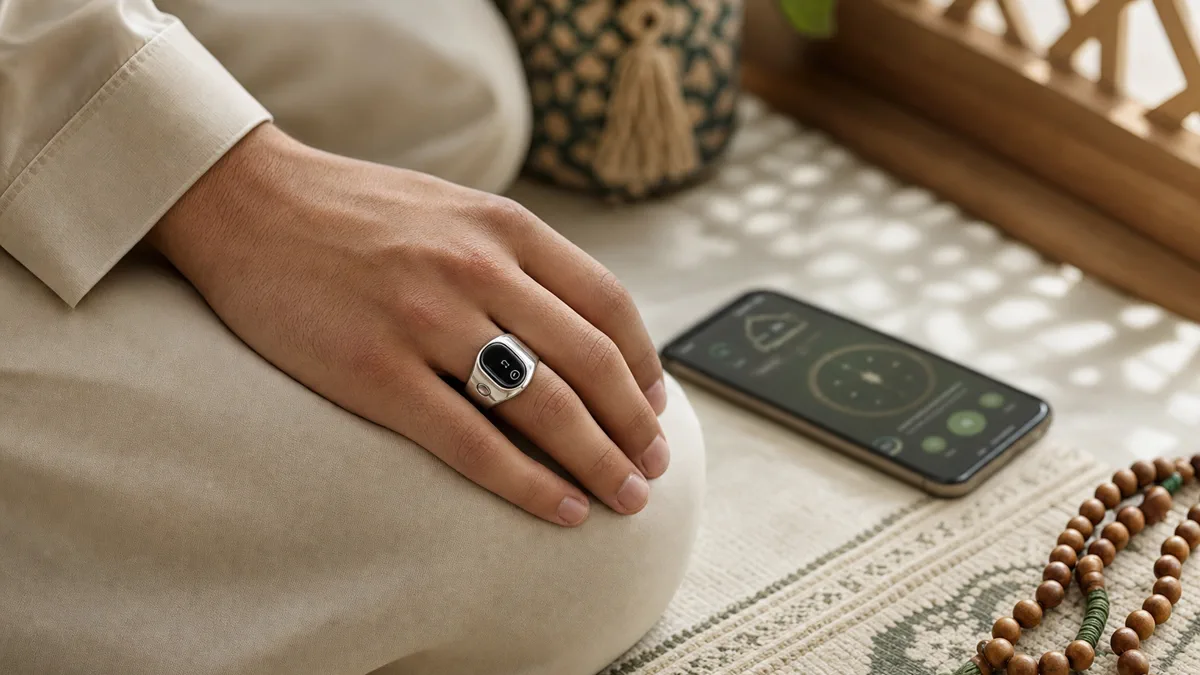 A paired zikr ring beside a phone showing gentle prayer reminders