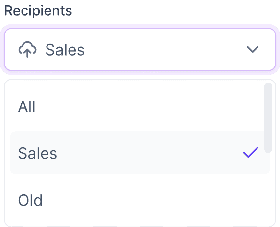 A mobile screen displaying recipient list selection for a WhatsApp broadcast, with 'Sales' chosen.