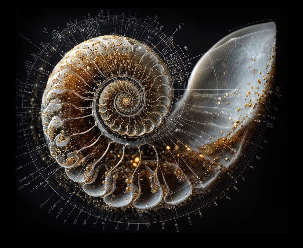 Visuel abstrait représentant un coquillage entouré de formules mathématiques