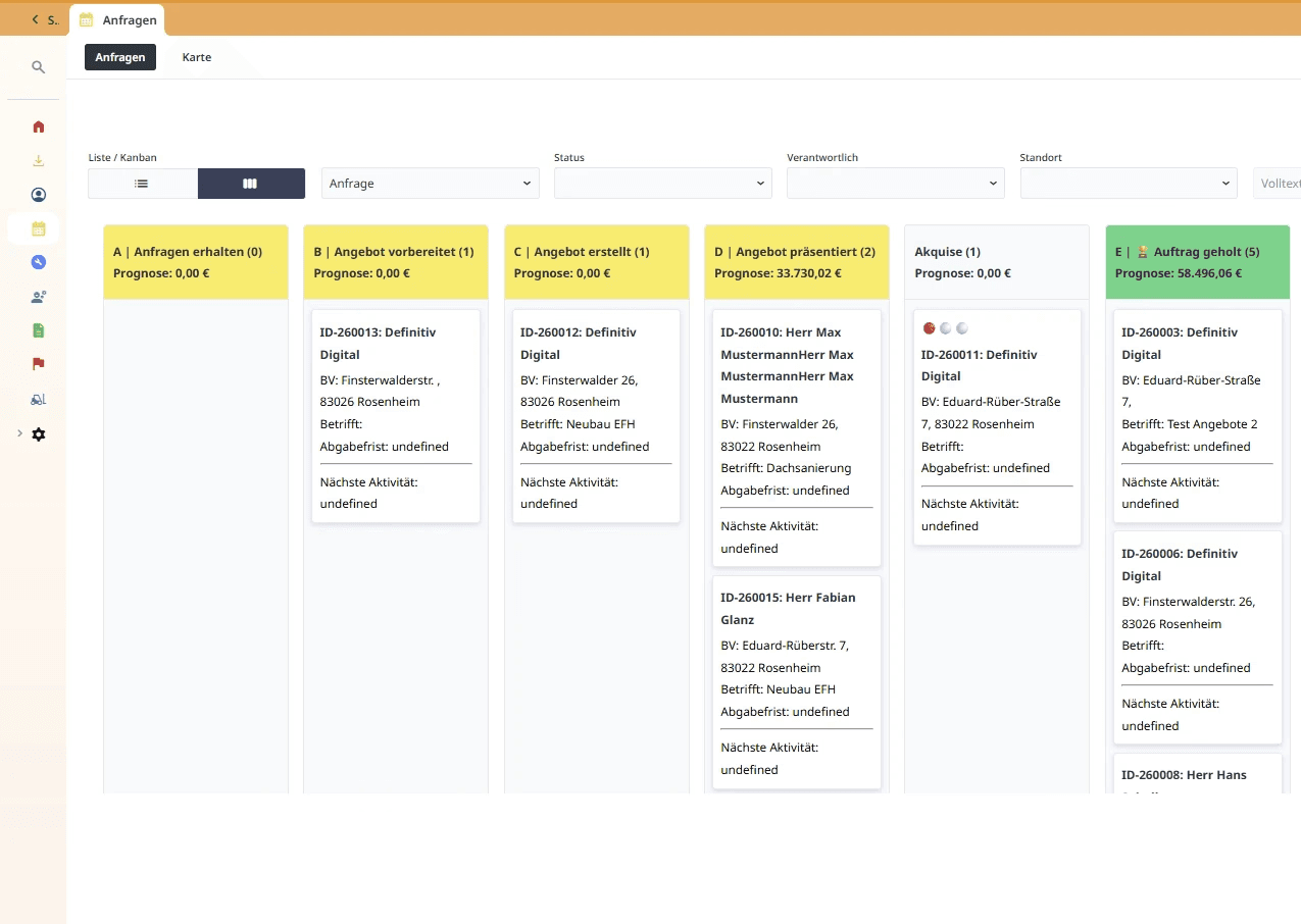 Screenshot der Projektübersicht einer individuellen Handwerkersoftware