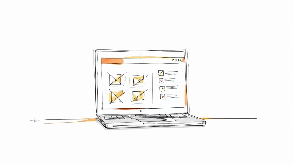 Sketch of a laptop showing a web interface with design elements like checkboxes and crossed-out boxes.