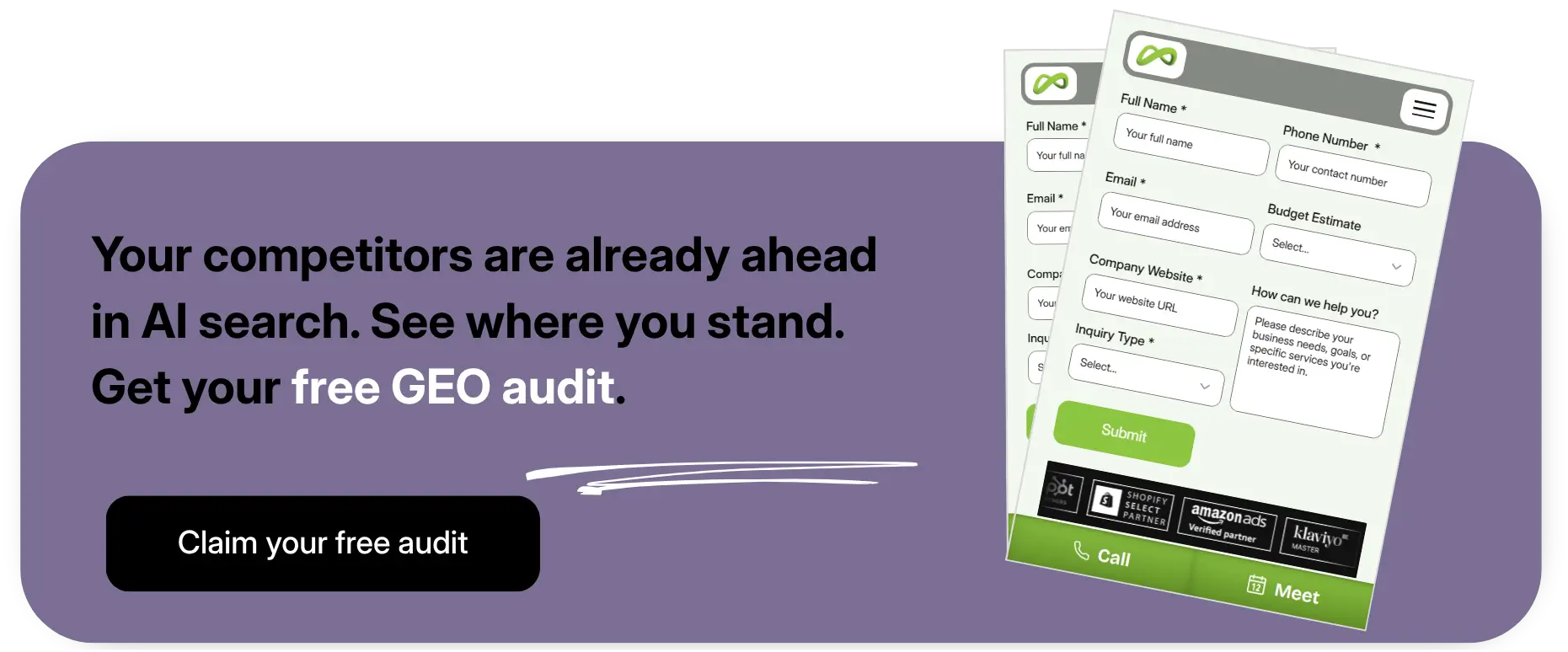 xCTA block to claim a free GEO Audit from Coozmoo for GEO services
