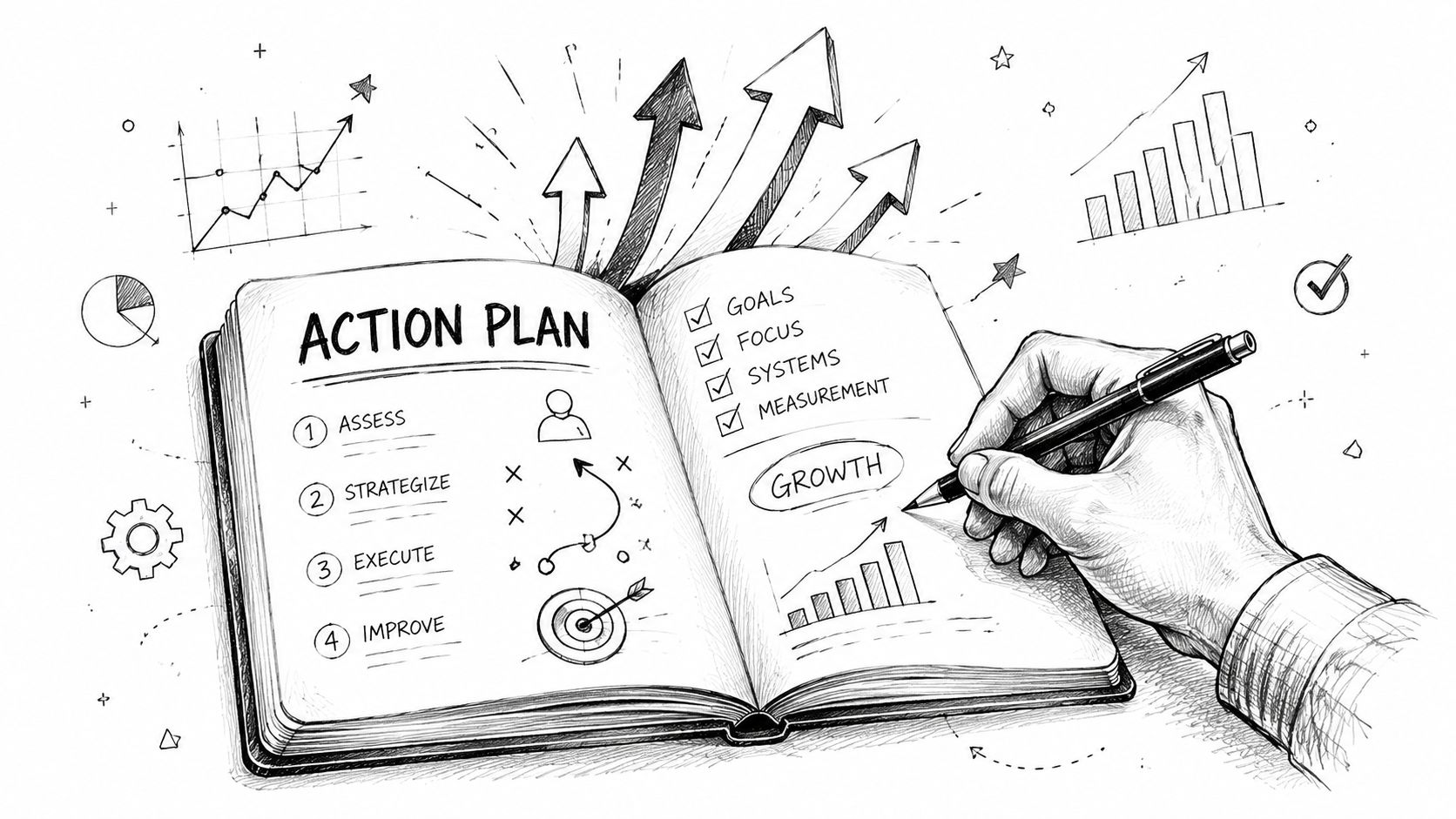 A hand writes growth goals in an open notebook illustrating a strategic business action plan.