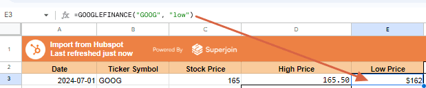 =GOOGLEFINANCE("GOOG", "low")