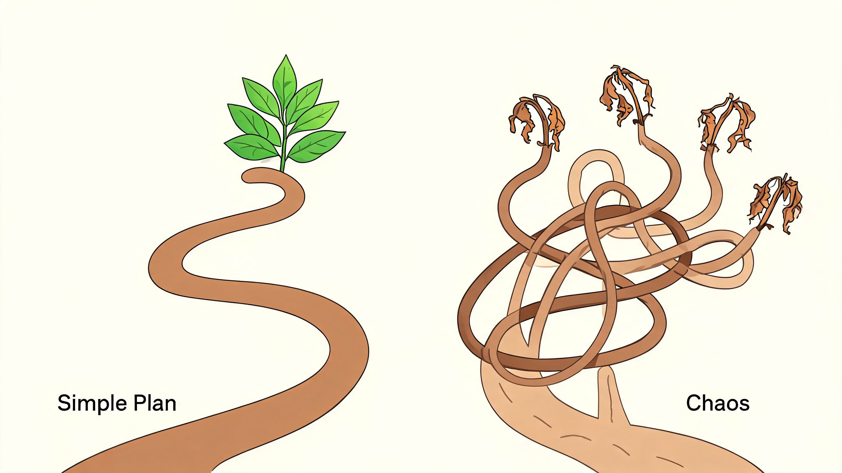 An illustration comparing a straight path leading to a healthy plant against a tangled path leading to dead leaves.