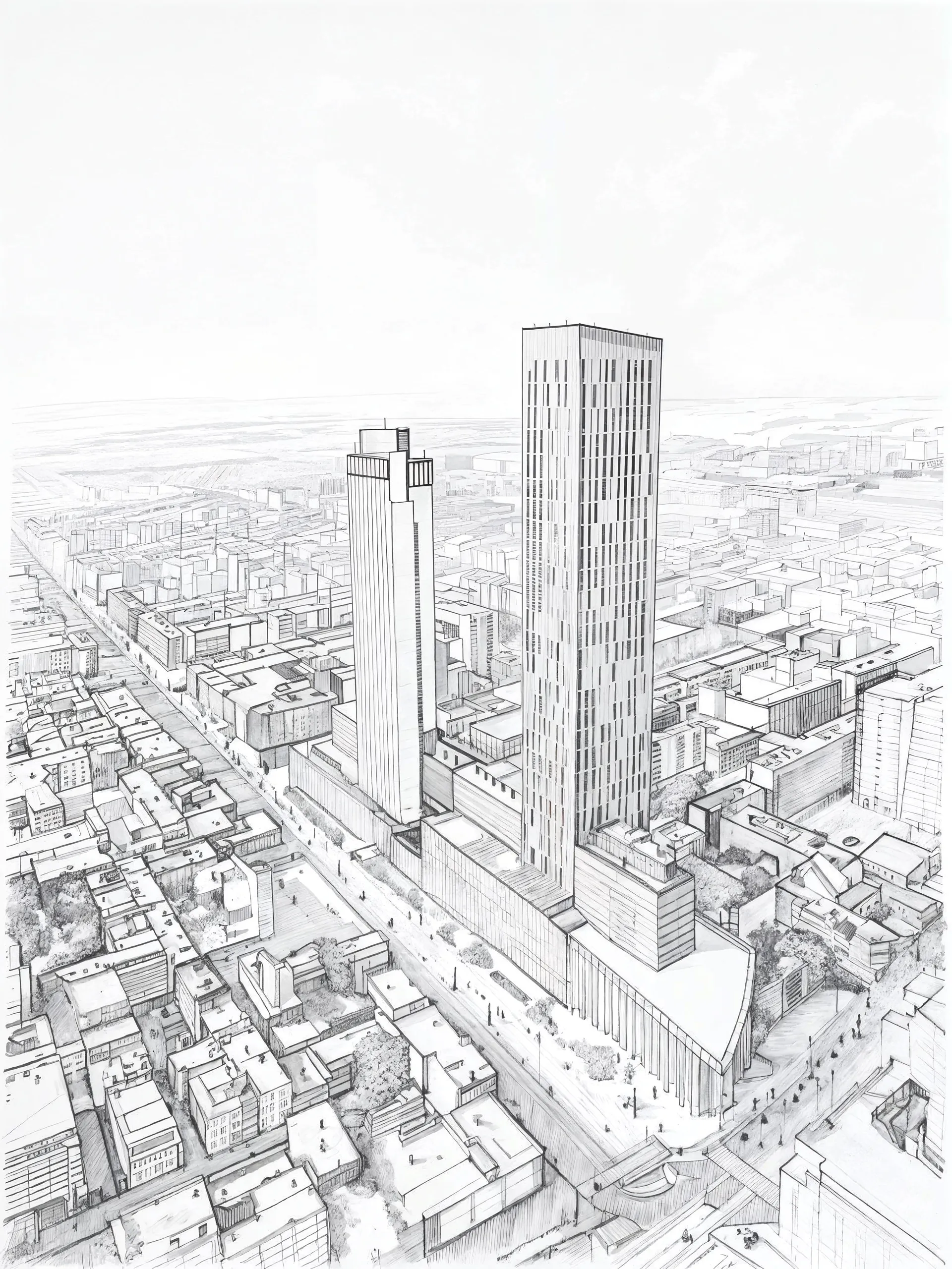 Hand-drawn architectural sketch of two tall skyscrapers in an urban setting.