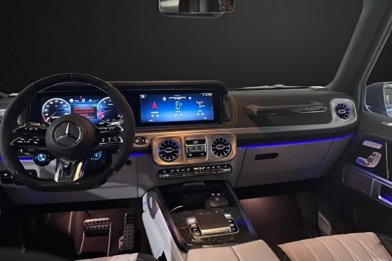 Mercedes-AMG G63 white leather interior front seats luxury car rental Dubai