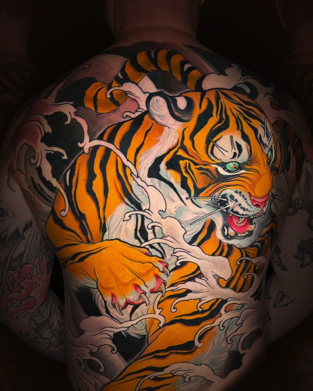 full color japanese inspired tattoo of a tiger by ink master anthony tex