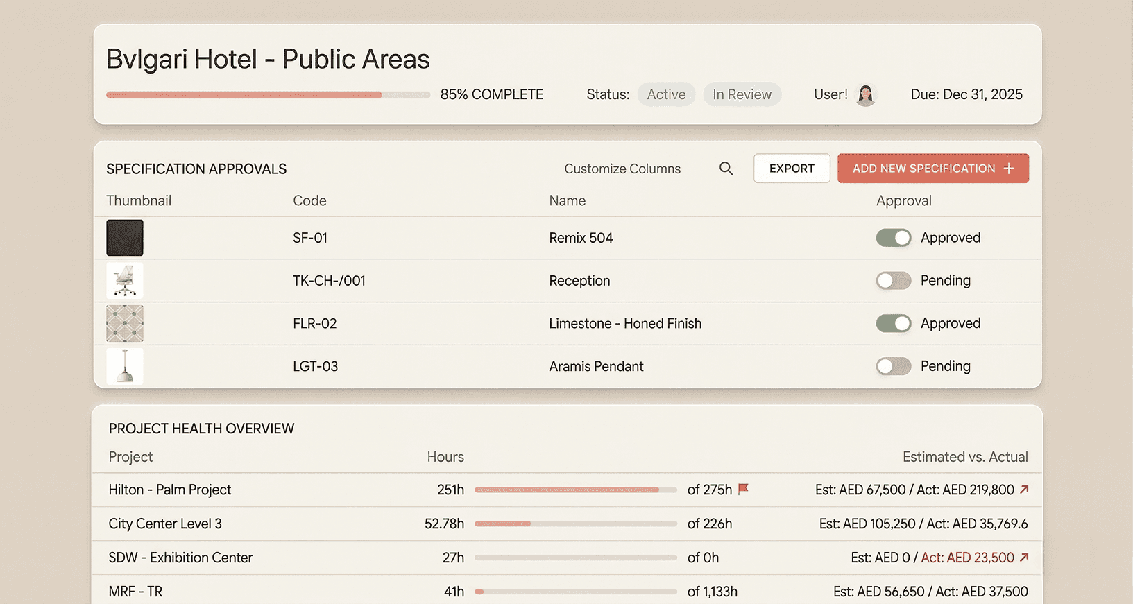 Automated spec sheet generator Dashboard of a hotel project, showing project progress and specifications.