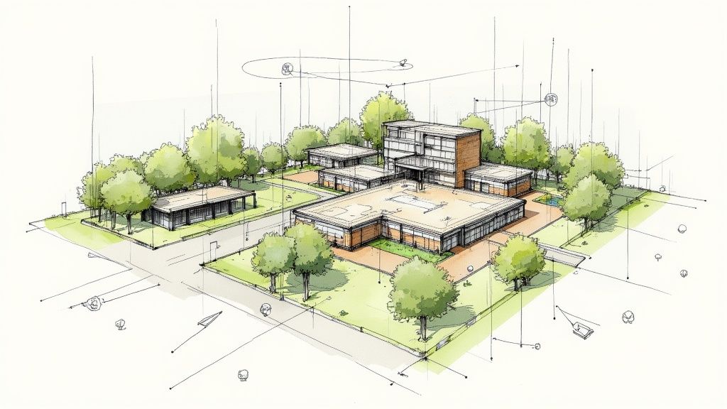 A detailed architectural concept sketch of a modern complex with multiple buildings, green trees, and design annotations.