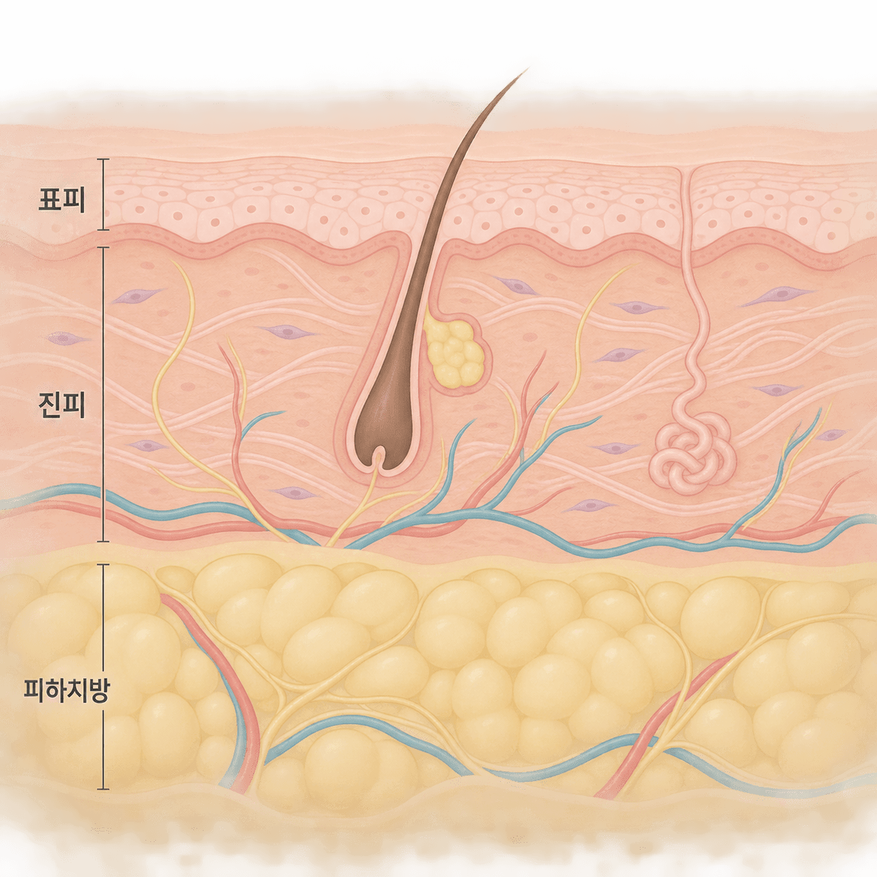 턱 아래 피부의 표피, 진피, 피하지방 층 구조예요