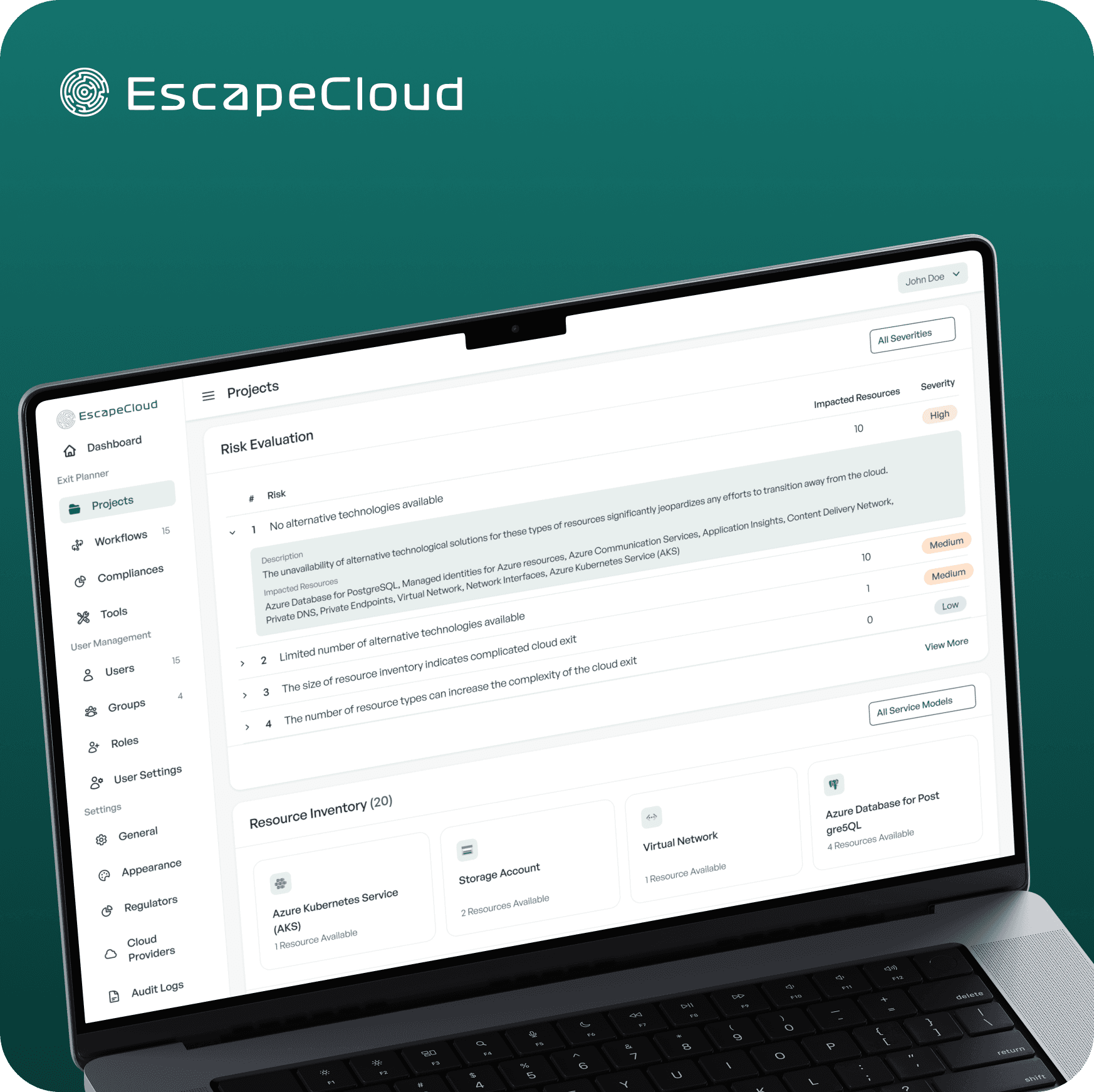 Mockup of EscapeCloud platform displaying tools for cloud risk assessments and enterprise audits.