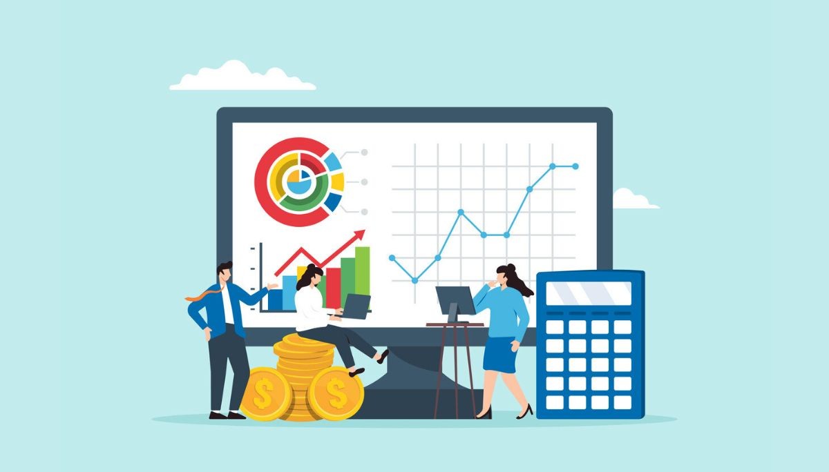 Illustration of people analyzing charts and financial dashboards on a large screen, with graphs, coins, and a calculator representing fund management and investment software.