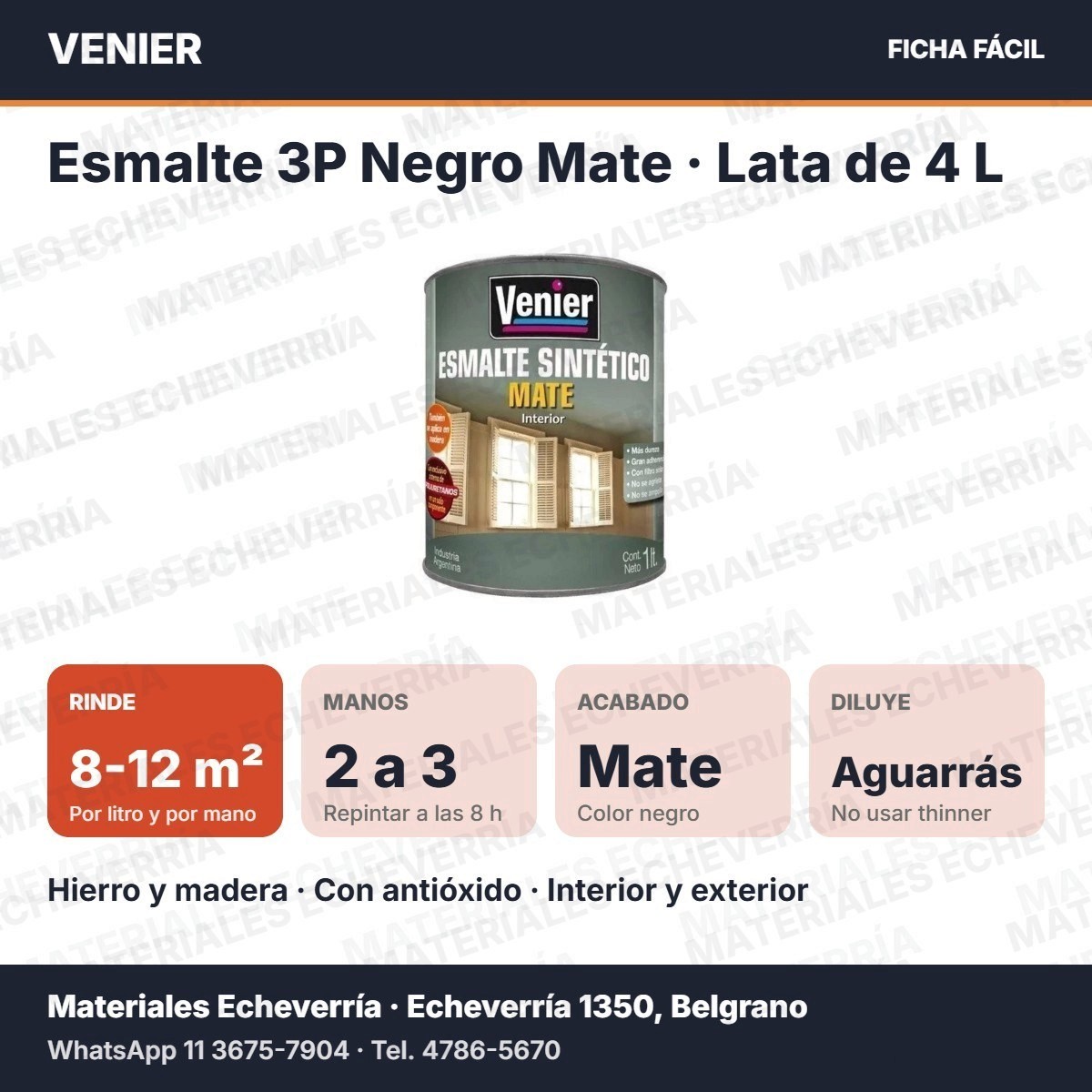 Ficha rápida del esmalte sintético 3P Venier negro mate 4 L: rinde 8 a 12 m² por litro y por mano, 2 a 3 manos, con antióxido