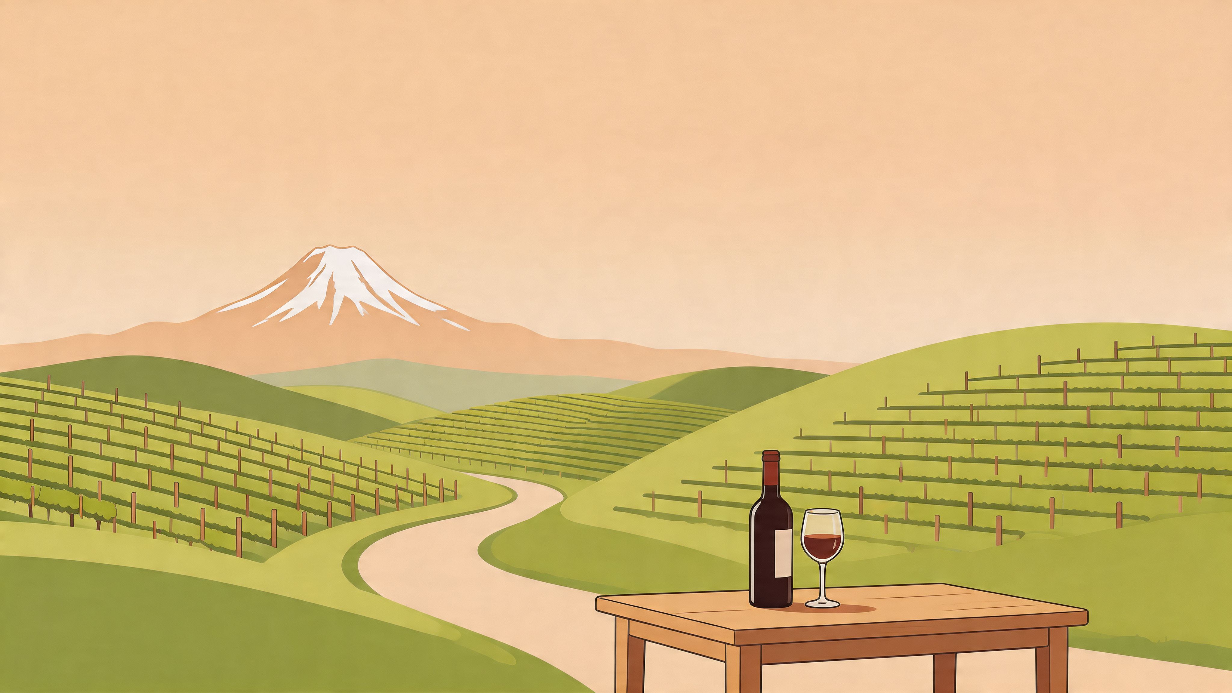 A scenic vineyard landscape with rolling green hills, a distant snow-capped mountain, and wine on a table.