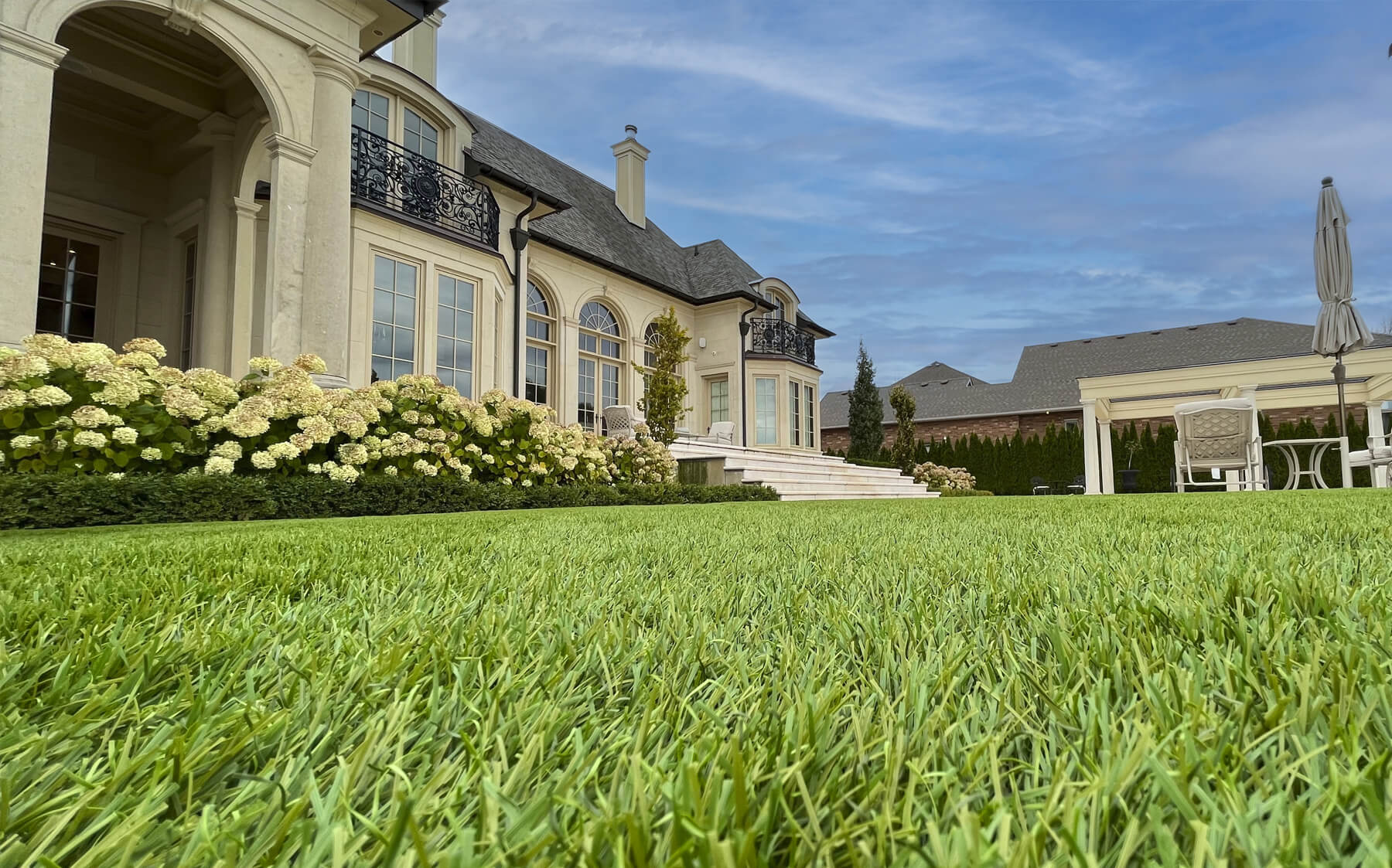 A lush green AGL Grass lawn stretches out in front of a large, elegant house set against a clear blue sky.