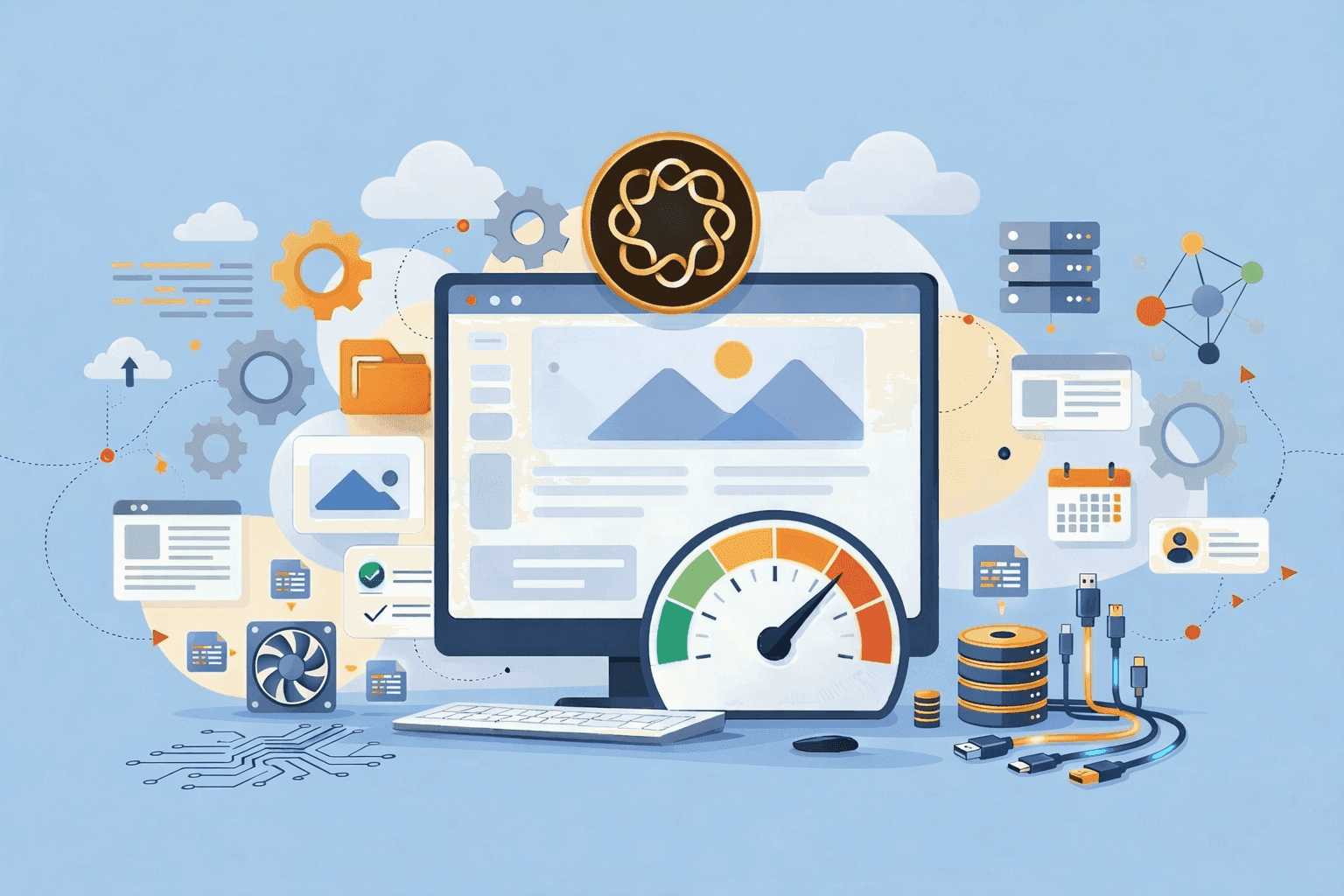 AEM website performance optimization illustration with a monitor, speed gauge, and content management icons.