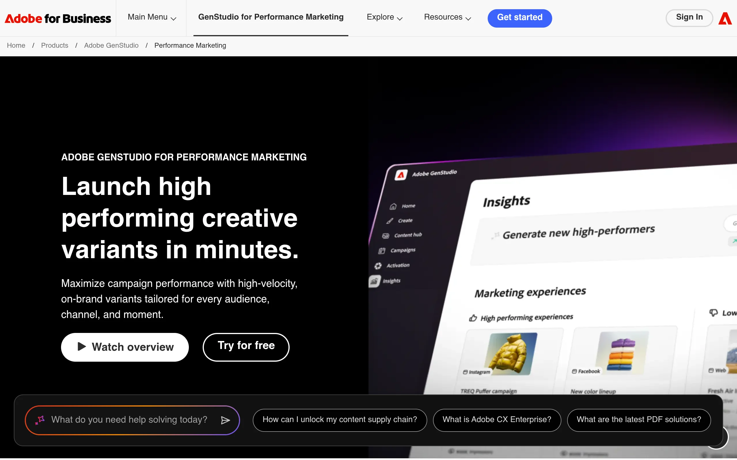Adobe GenStudio for Performance Marketing homepage screenshot