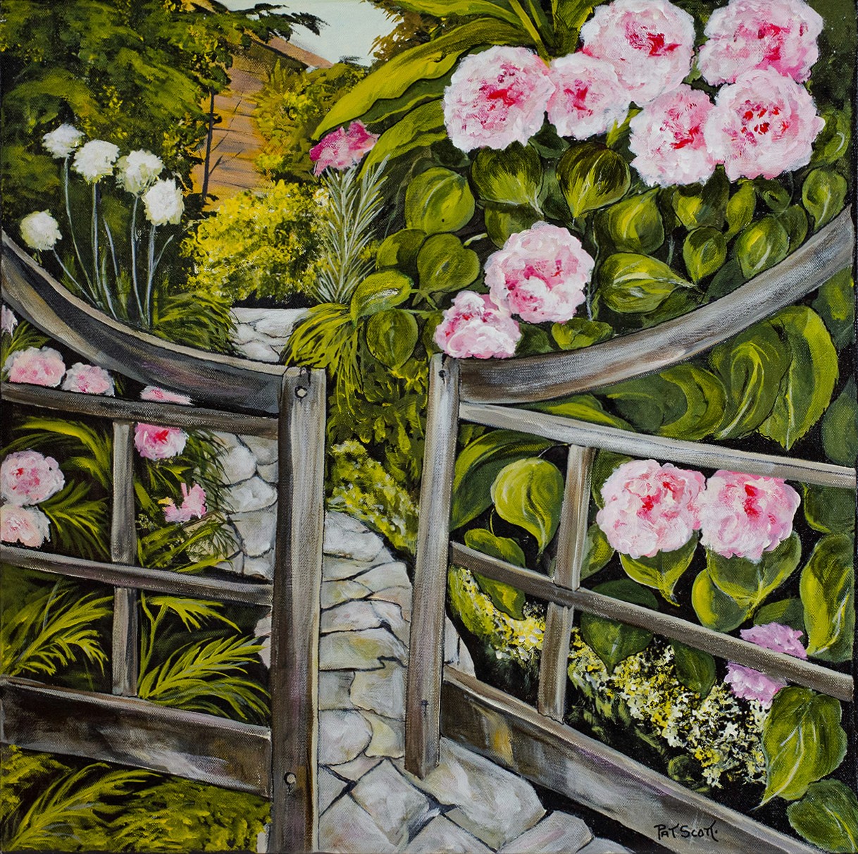 A gate leading to a pathway flanked by well manicured garden on either side stands ajar, as if to invite you into the painting for a stroll.