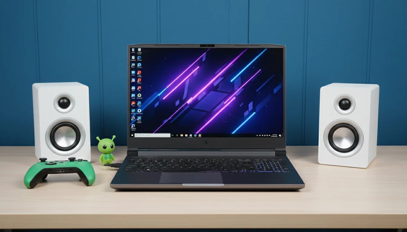 DSLR photograph of a modern gaming laptop setup on a light wood desk, front view. The open laptop is centered, its screen displaying a vibrant wallpaper with abstract futuristic purple and blue neon graphics, desktop icons are visible on the left. On either side of the laptop sits a white, modern bookshelf speaker. A green gaming controller and a small green toy figure rest on the desk. The background is a solid, textured blue wall. The scene is illuminated with soft studio lighting, creating a clean and focused look with sharp details on the hardware.