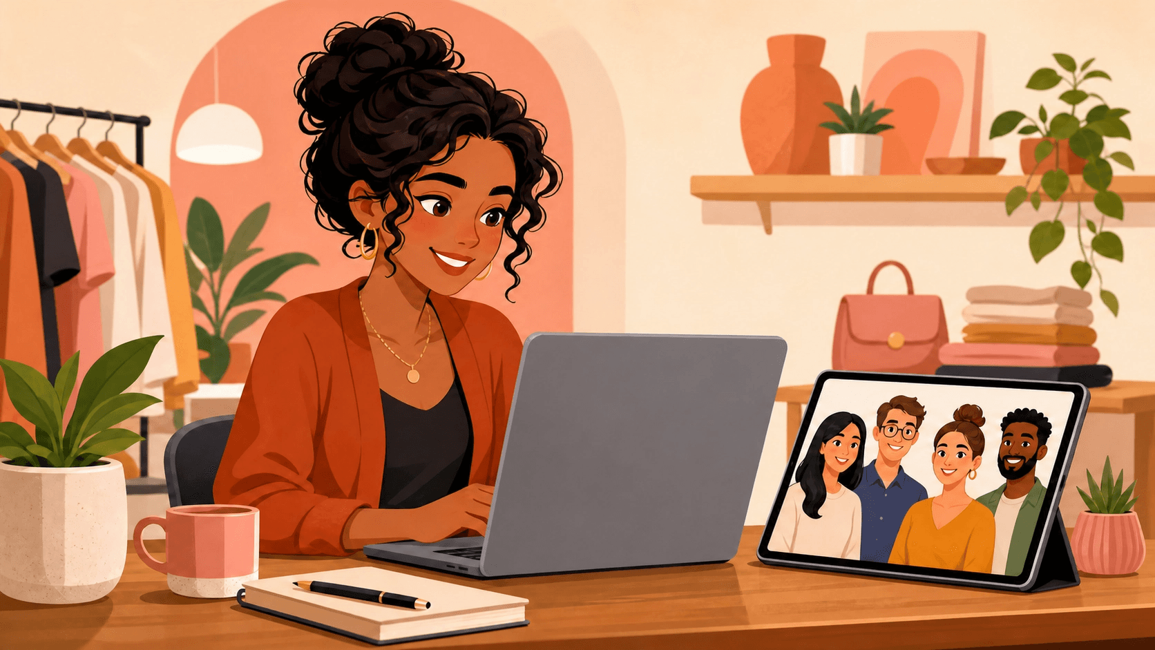 A friendly, stylized small business owner sits at a warm wooden desk, smiling as she looks at her laptop with a grey casing displaying a simplified marketing dashboard. Beside it, a tablet shows a stylized group photo of four smiling professionals, symbolizing a marketing agency. The background is bright and cozy, with subtle boutique elements and plants, all rendered in a modern cartoon style with soft gradients.