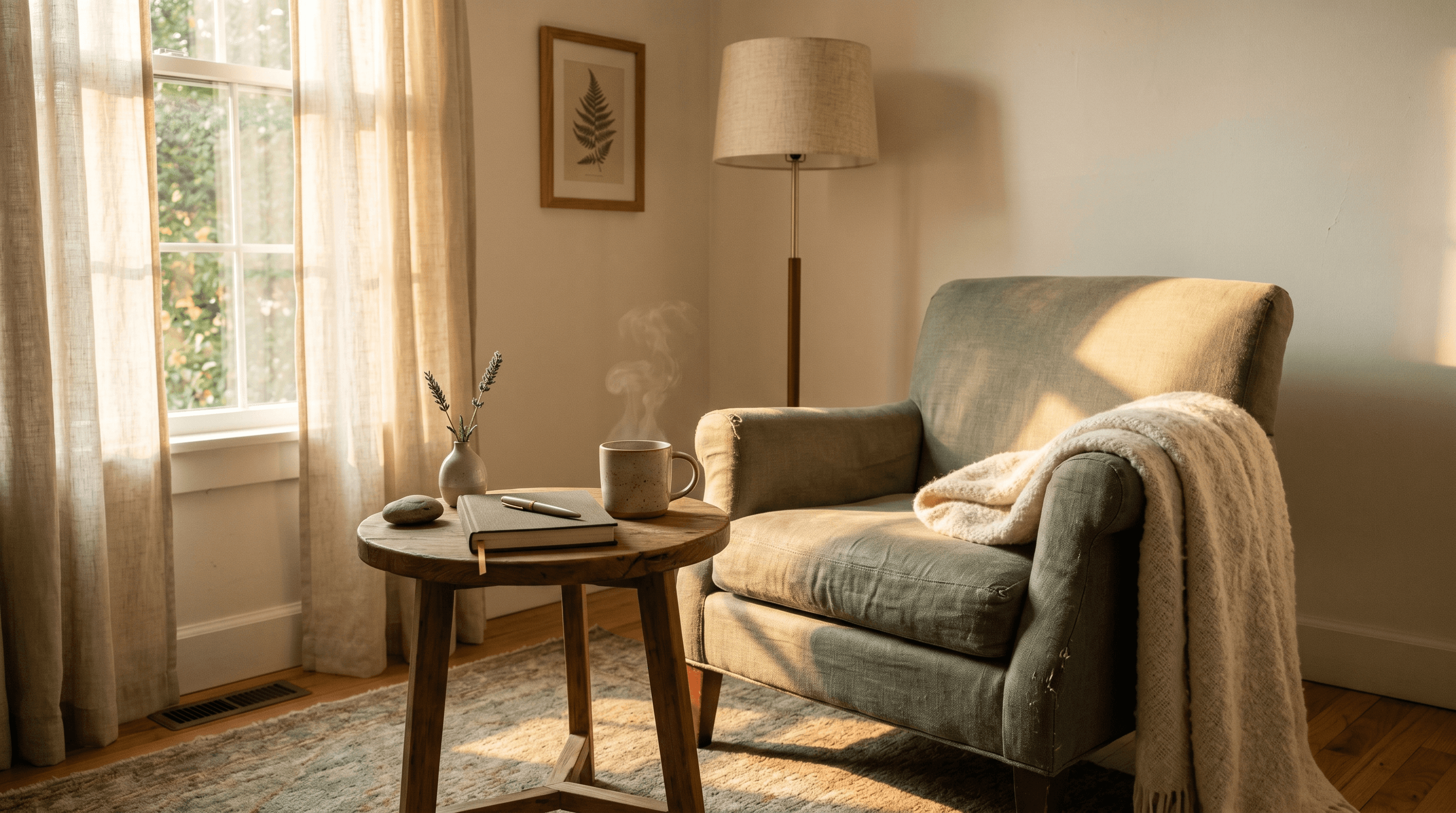 Quiet sunlit home reading nook with an armchair, soft blanket, journal, and a steaming mug on a side table