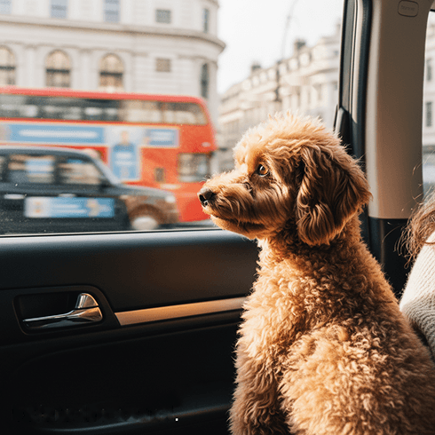Chocolate Poodle mix riding shotgun in a hoodie, treating every car trip like a main character moment