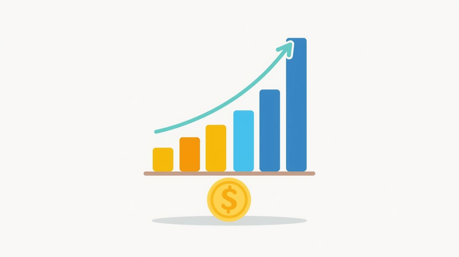 Flat vector illustration of a bar chart growing upward but balancing on a coin or scale — symbolizing balance between growth and profitability. Clean design, bright startup colors, light background, no text