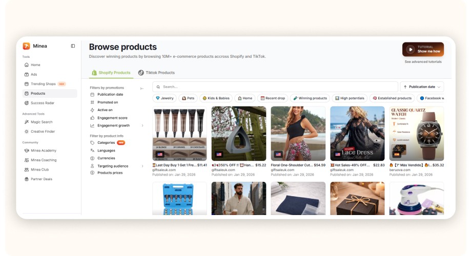 Minea “Browse products”