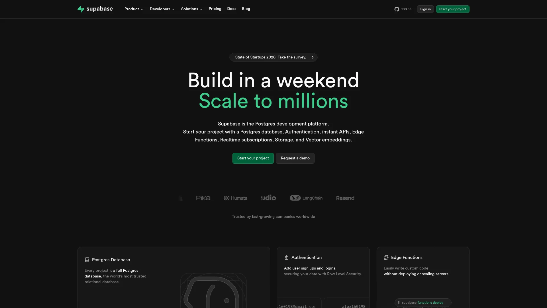 Supabase homepage showing open-source backend platform with database, auth, and storage features