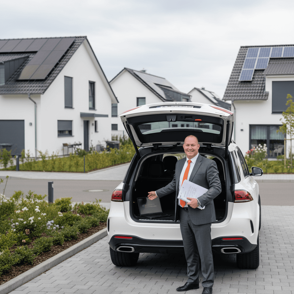 Berater kostenlose Beratung vor Haus am Auto vor PV-Anlage