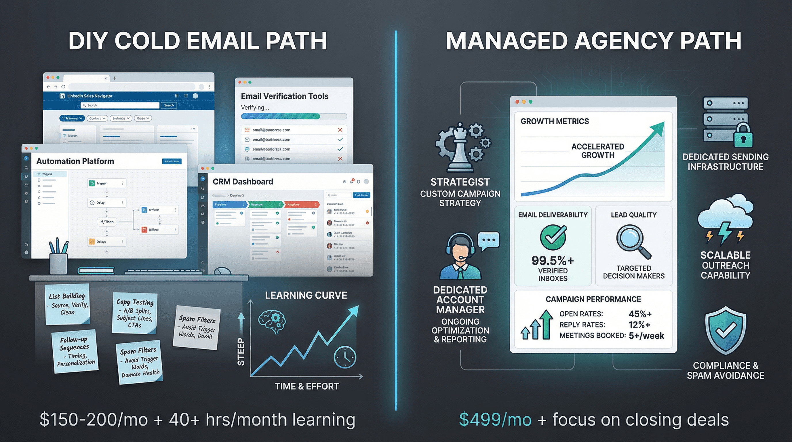 Split-screen comparison showing DIY cold email path vs managed agency path to qualified meetings and revenue