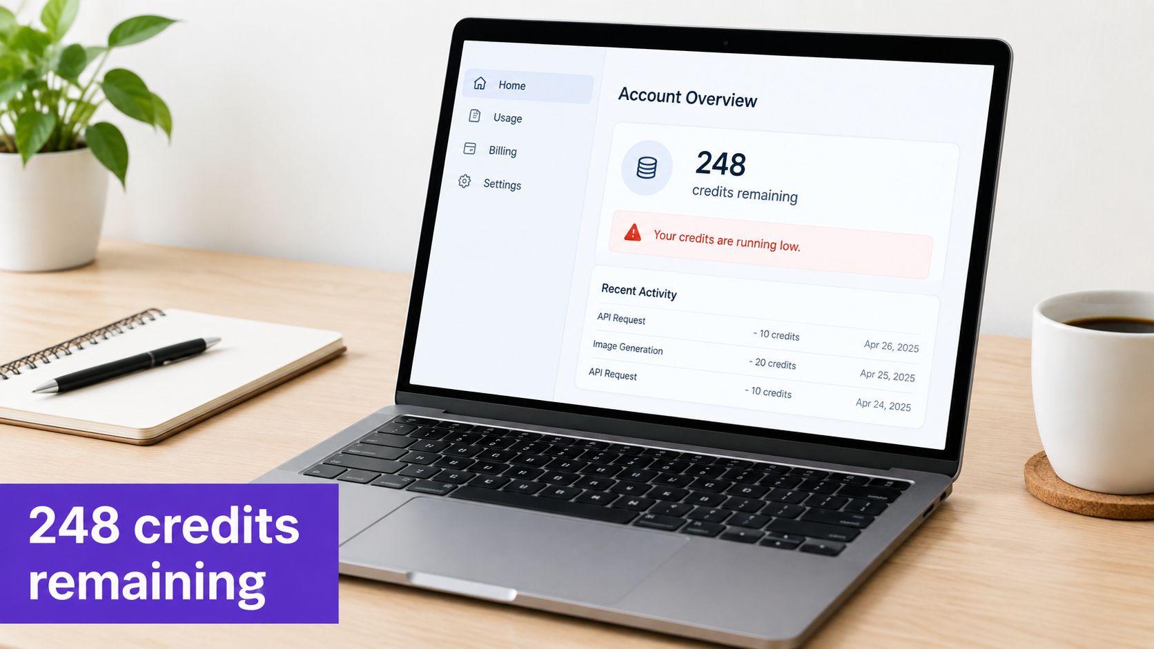 A laptop on a desk showing an account dashboard with 248 credits remaining and low credit alert.