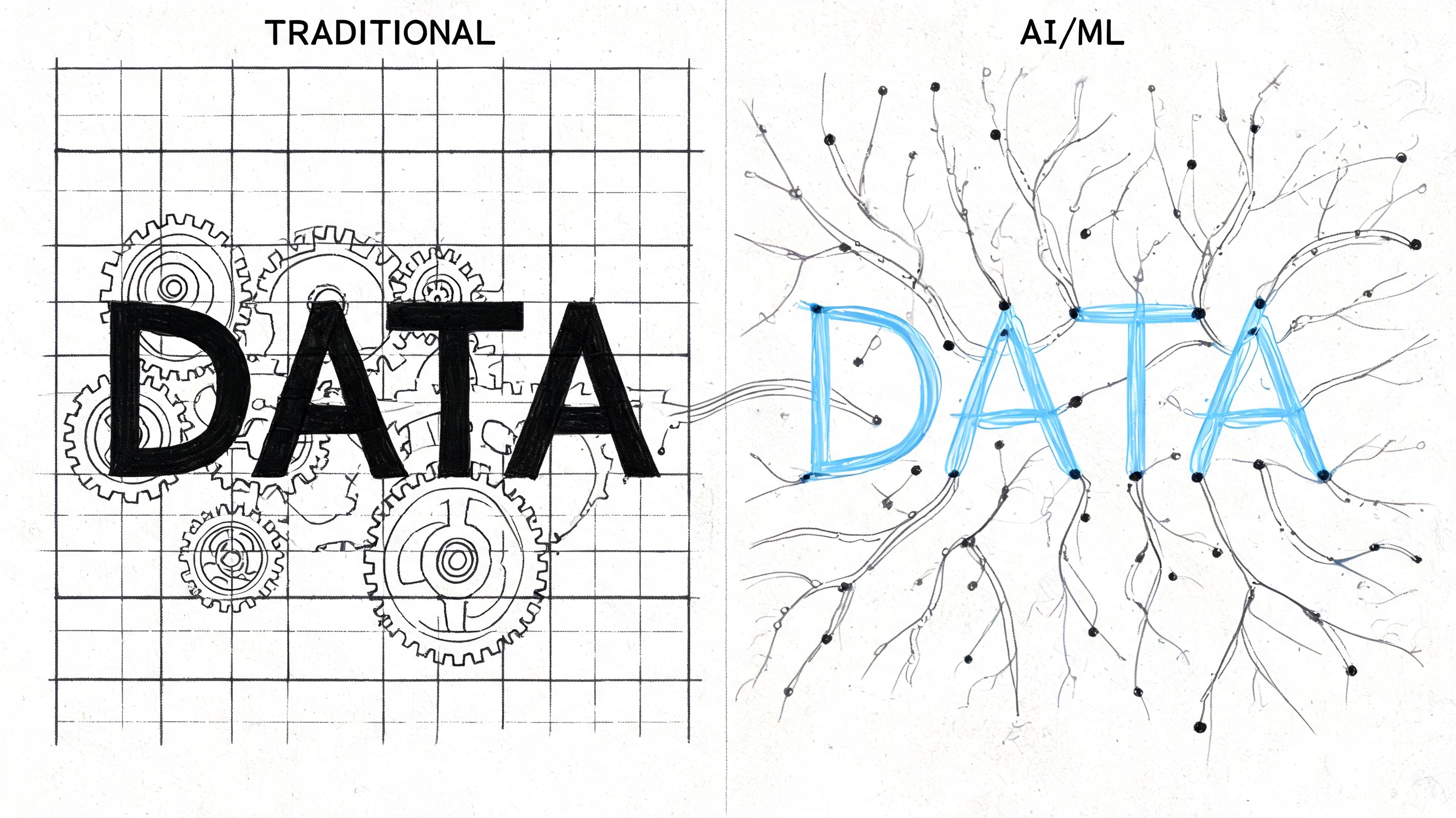 A visual comparison between traditional structured data systems using gears and AI/ML data using neural networks.