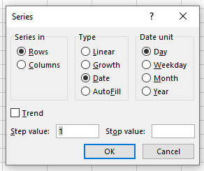 How to autofill dates in Excel - Autofilling sequentially over fixed intervals (using series fill method) step 6