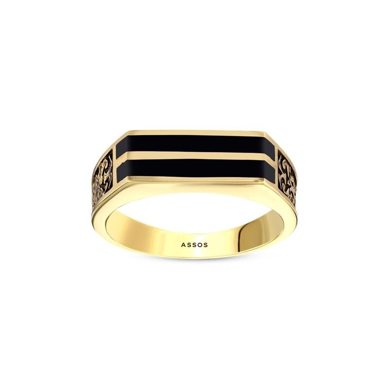 Assos Pırlanta 14 Ayar Altın Siyah Detaylı Şık Erkek Yüzüğü