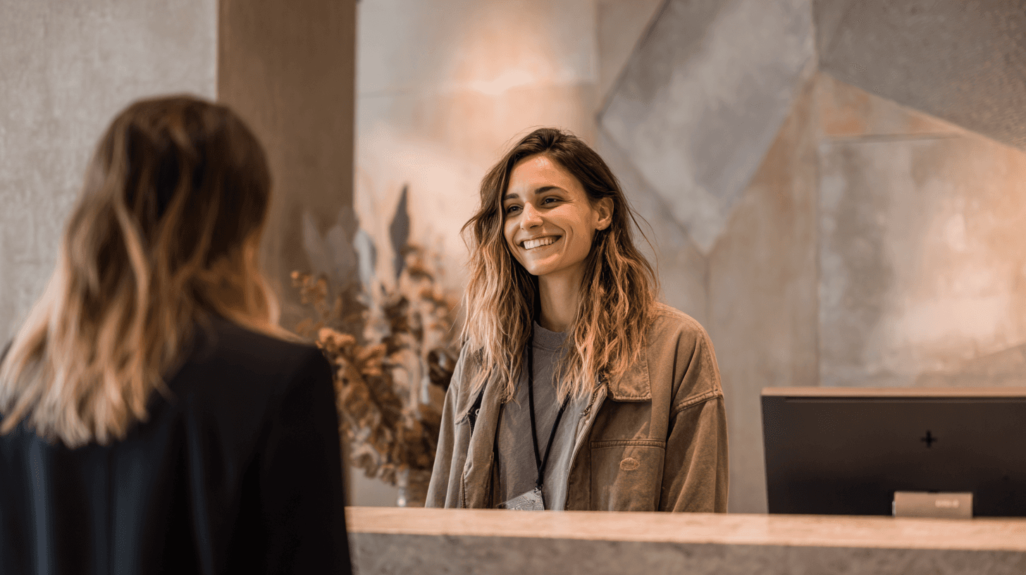 A property manager standing behind a front desk and smiling at a visitor.