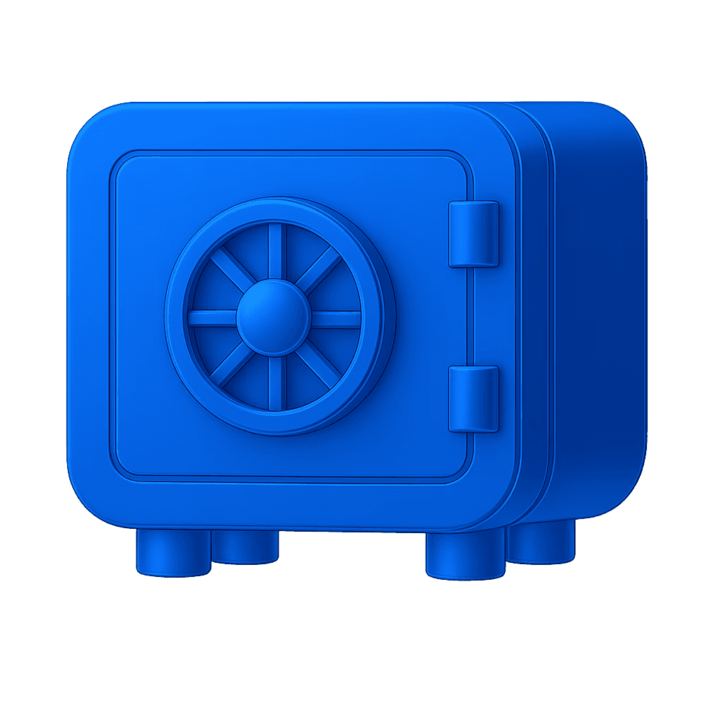 3D blue safe icon with a circular combination lock