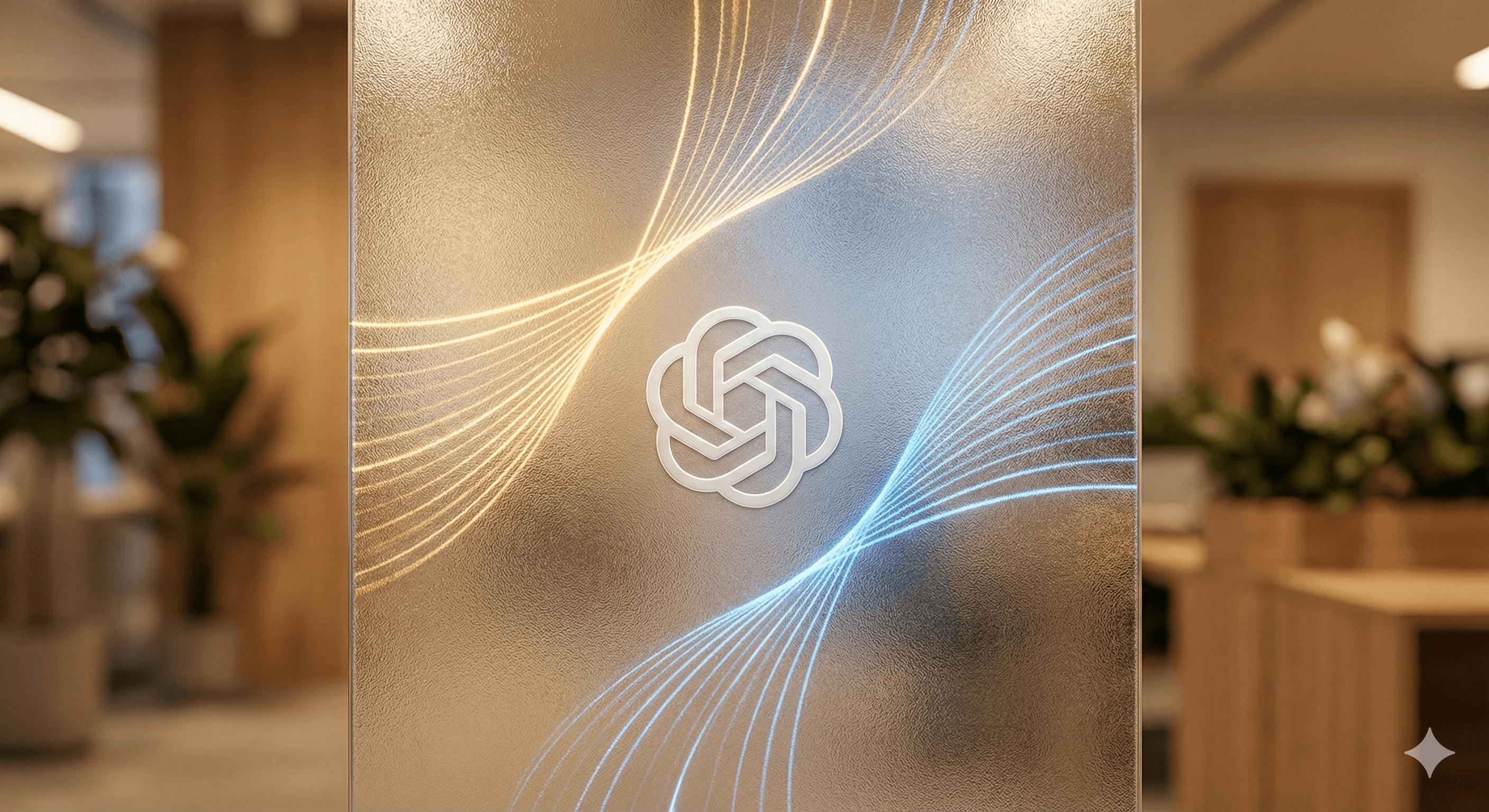 A frosted glass panel featuring a modern, intricate logo design with swirling gold and blue lines adorning an open office setting, symbolizing innovative advancements and the latest features of ChatGPT 2026.
