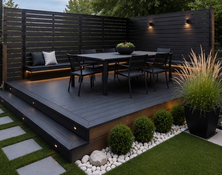 Finished backyard deck with seating and railing