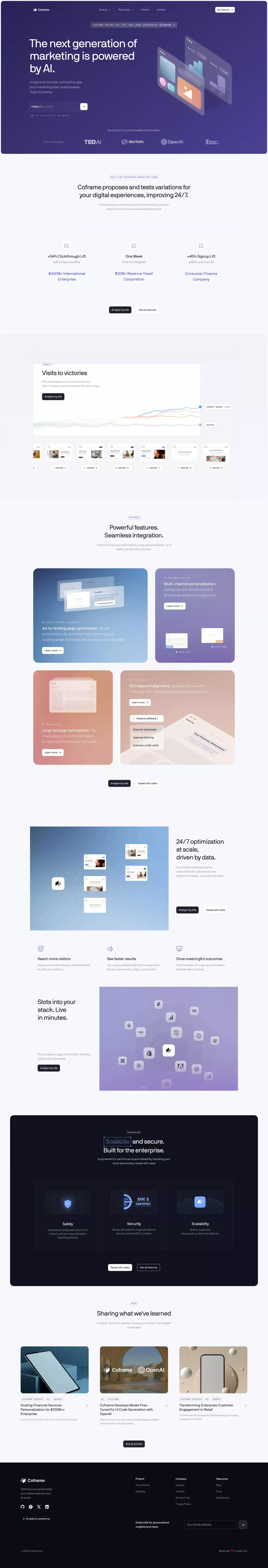 Coframe – Automate Website Growth 24/7 landing page screenshot showcasing AI and Marketing design