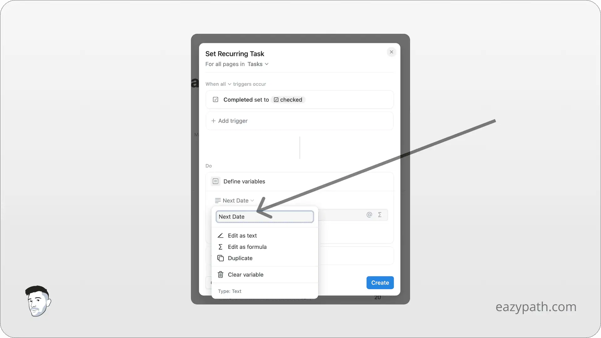 Specific Uses Cases of Notion Database Automations - Create Recurring Tasks - Action Variable