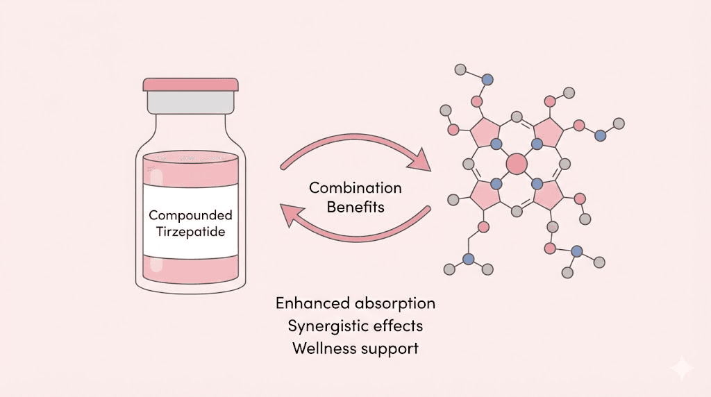 Compounded tirzepatide with B12 vial and molecular benefits overview