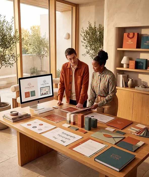 Team reviewing brand design systems