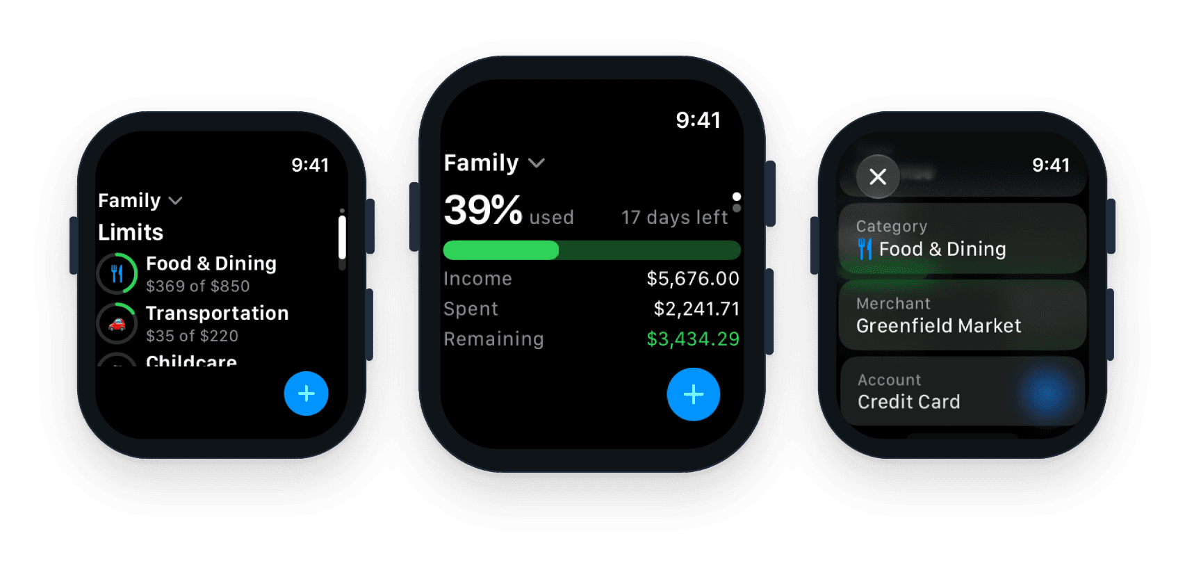 Budgetpeer on Apple Watch: spending limits, this month's budget 39% used with 17 days left, and the quick add form