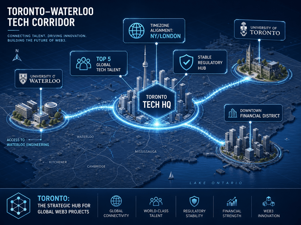 Map of the Toronto-Waterloo tech corridor highlighting timezone alignment, talent access, and regulatory stability for global marketing operations.