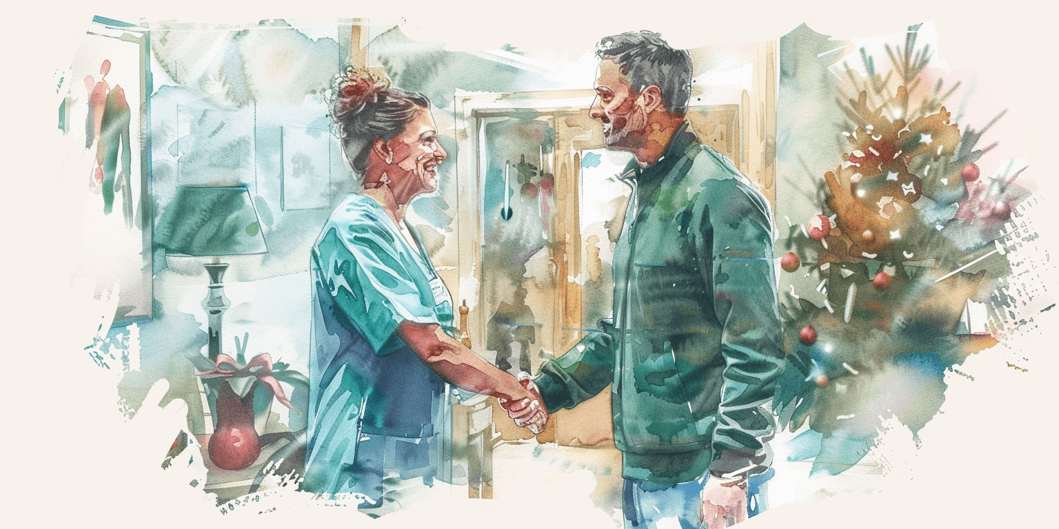 illustration of a female caregiver, wearing scrubs, shaking hands with a man in a green half zip fleece. The office is decorated for christmas.They are both smiling, warm supportive atmosphere, watercolor style with delicate brushstrokes and unfinished edges on white background