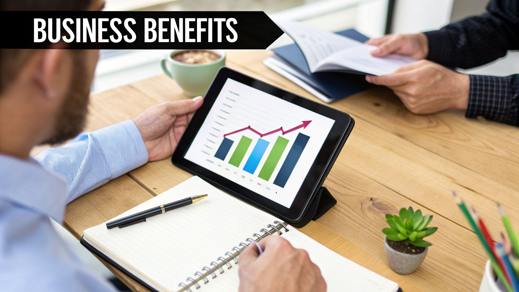 Two business people discussing growth charts on a tablet and taking notes in a meeting.